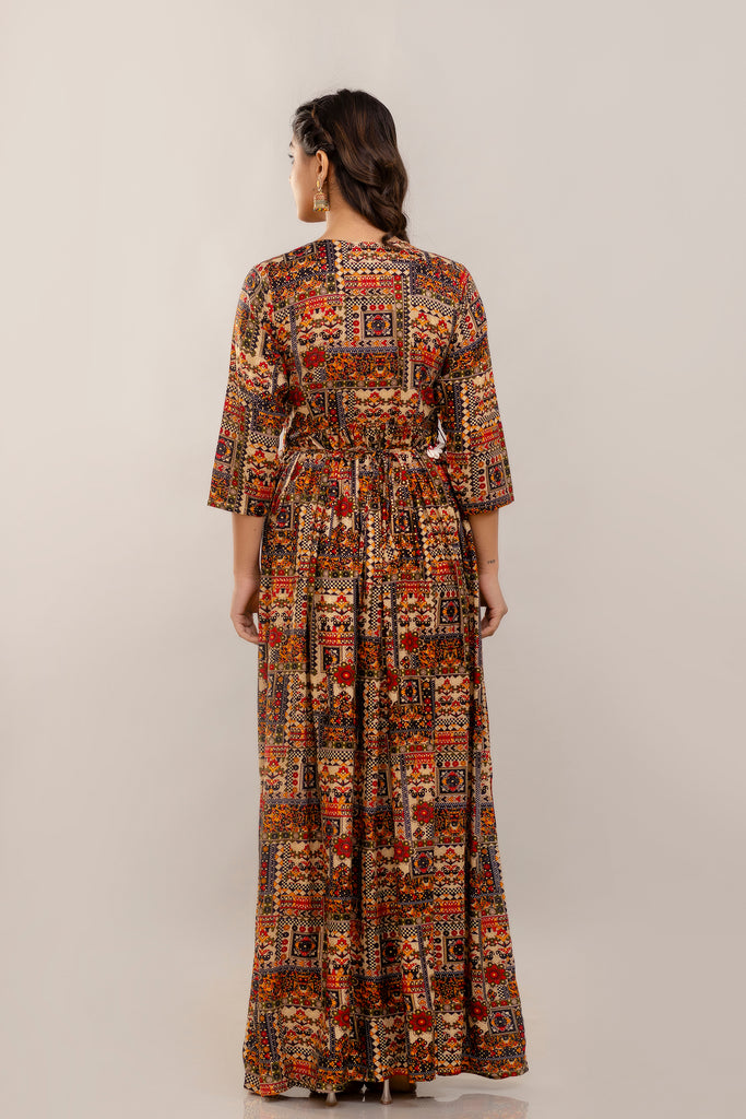 Rayon Printed Gown with Black multicolour Mirror Belt and Shell Embellishment