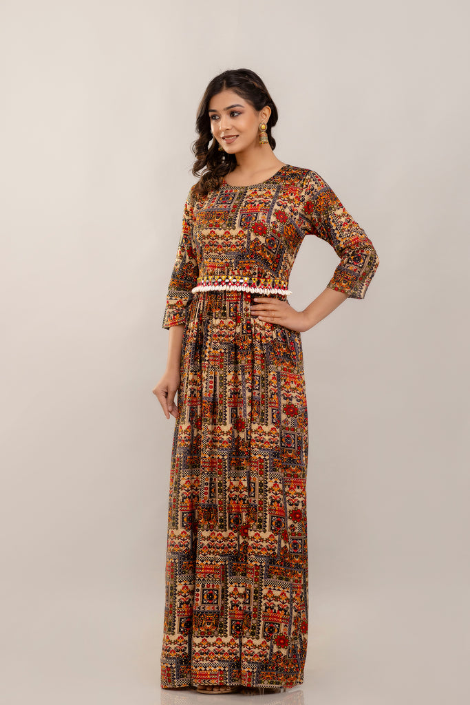 Rayon Printed Gown with Black multicolour Mirror Belt and Shell Embellishment