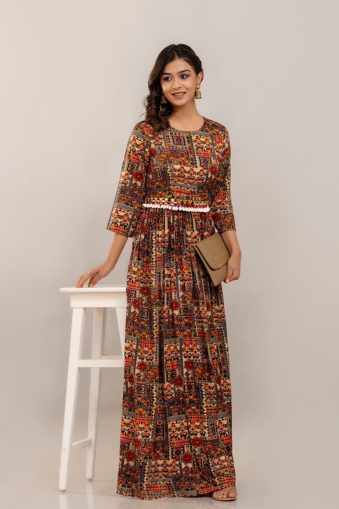 Rayon Printed Gown with Black multicolour Mirror Belt and Shell Embellishment