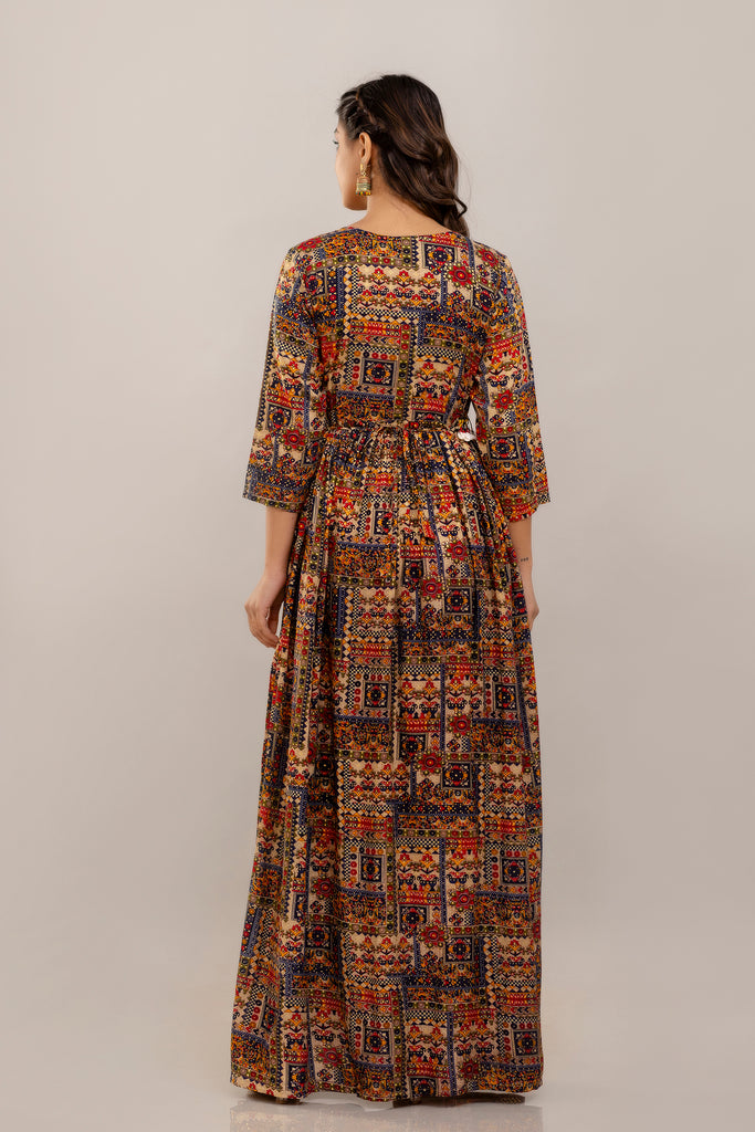 Rayon Printed Gown with Mirror Belt and Shell Embellishment