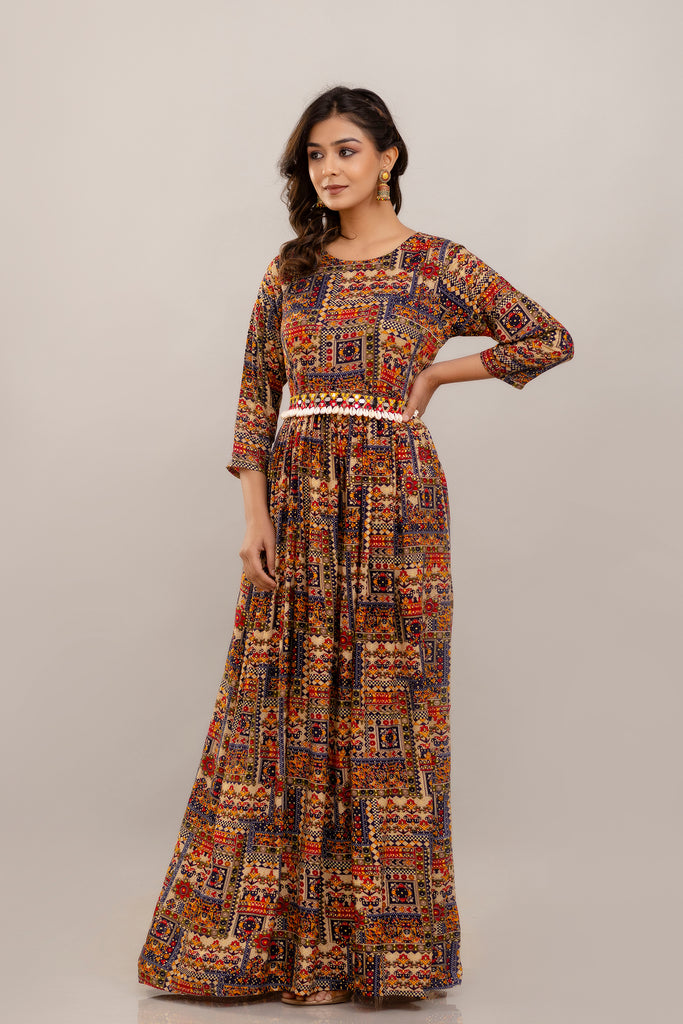 Rayon Printed Gown with Mirror Belt and Shell Embellishment