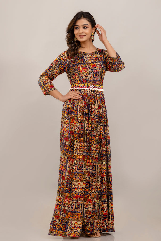 Rayon Printed Gown with Mirror Belt and Shell Embellishment