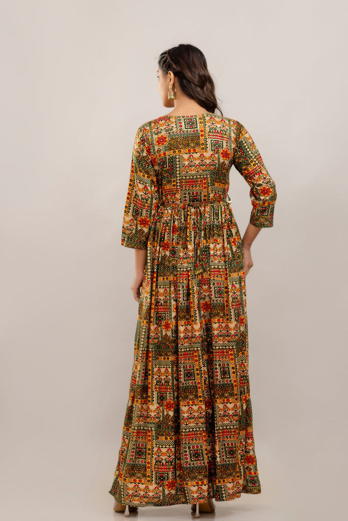 Rayon Printed Gown with Mirror Belt and Shell Embellishment