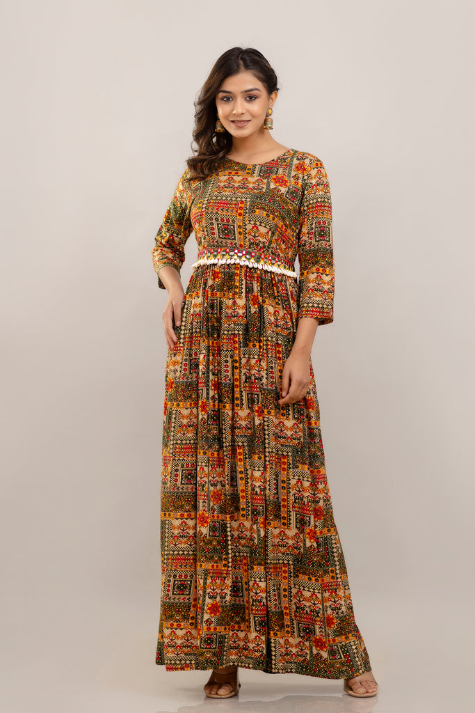 Rayon Printed Gown with Mirror Belt and Shell Embellishment