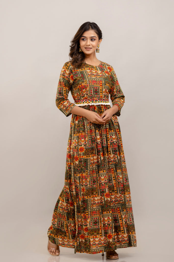 Rayon Printed Gown with Mirror Belt and Shell Embellishment