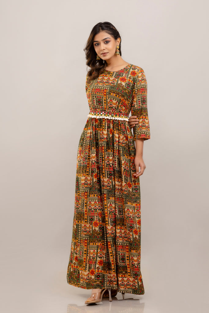 Rayon Printed Gown with Mirror Belt and Shell Embellishment