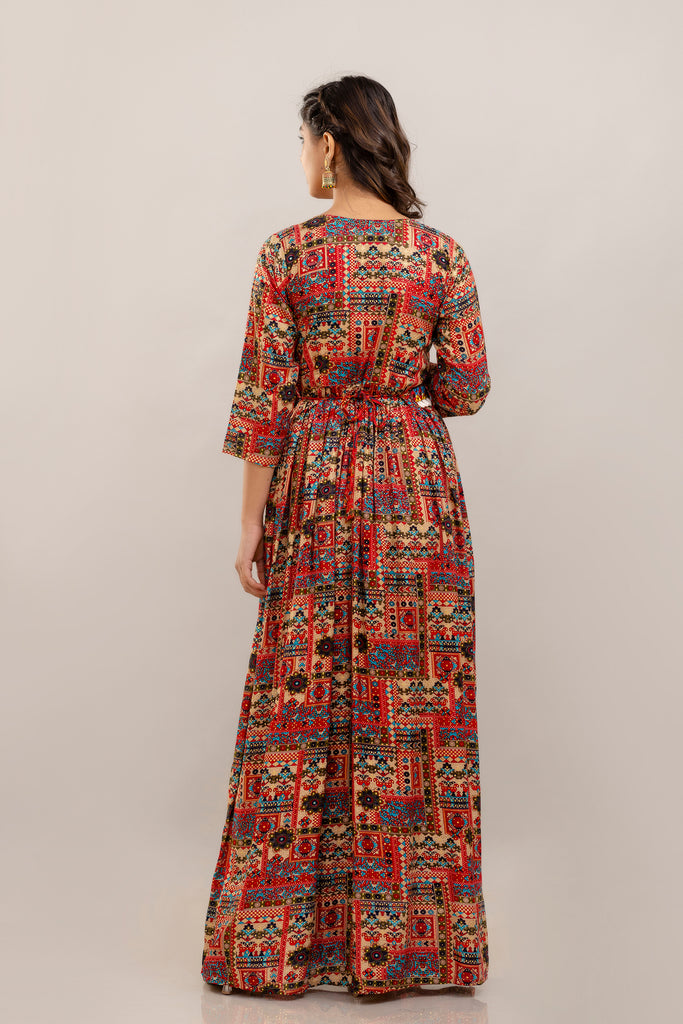 Rayon Printed Gown with Mirror Belt and Shell Embellishment