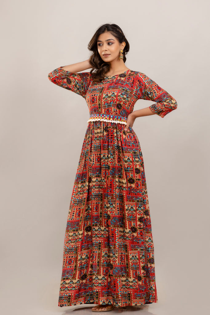 Rayon Printed Gown with Mirror Belt and Shell Embellishment