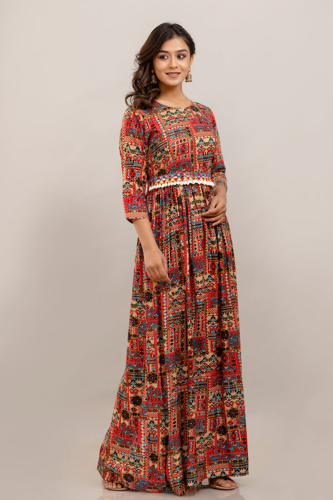 Rayon Printed Gown with Mirror Belt and Shell Embellishment