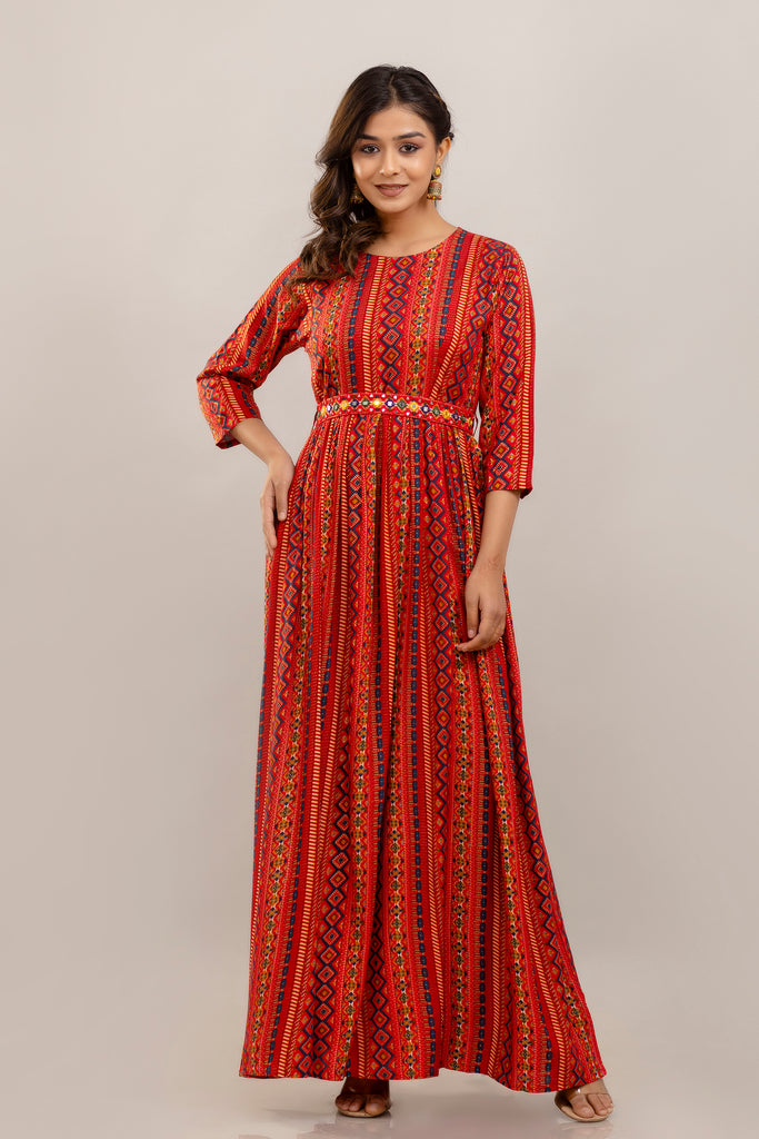 Red Rayon Printed Gown with Mirror Belt