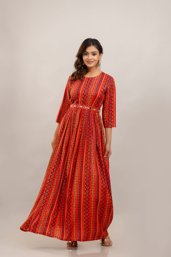 Red Rayon Printed Gown with Mirror Belt