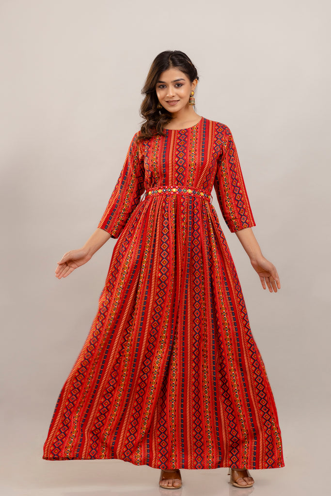 Red Rayon Printed Gown with Mirror Belt