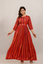 Load image into Gallery viewer, Red Rayon Printed Gown with Mirror Belt