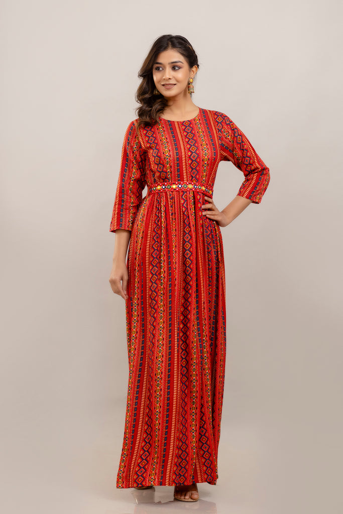 Red Rayon Printed Gown with Mirror Belt