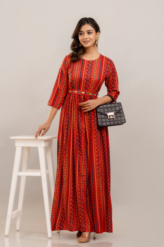 Red Rayon Printed Gown with Mirror Belt