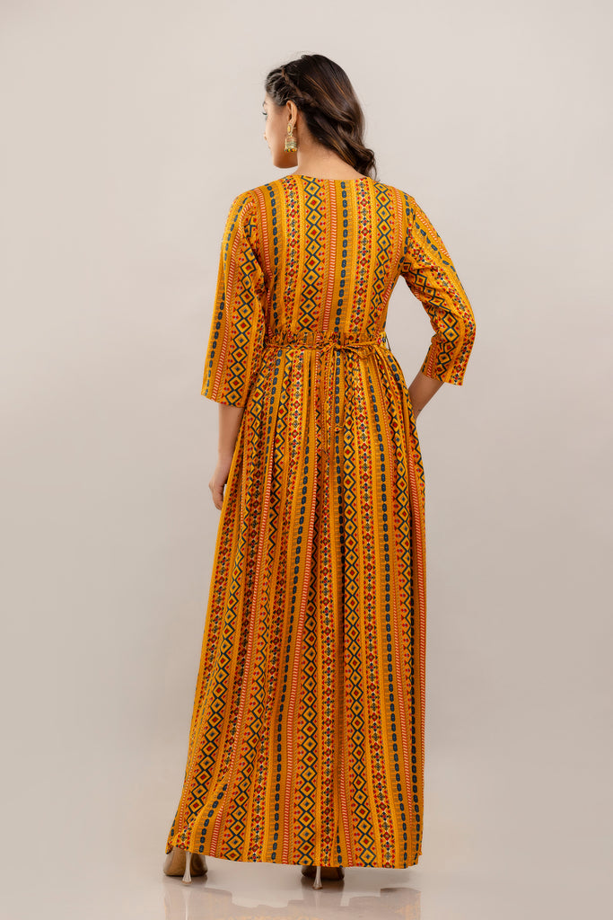 Yellow Rayon Printed Gown with Mirror Belt