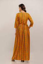 Load image into Gallery viewer, Yellow Rayon Printed Gown with Mirror Belt