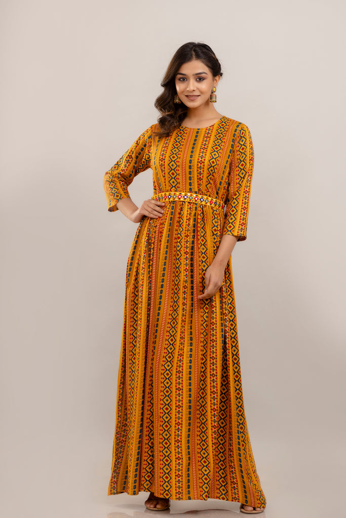 Yellow Rayon Printed Gown with Mirror Belt