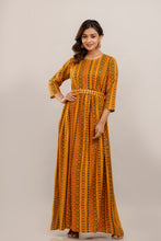 Load image into Gallery viewer, Yellow Rayon Printed Gown with Mirror Belt