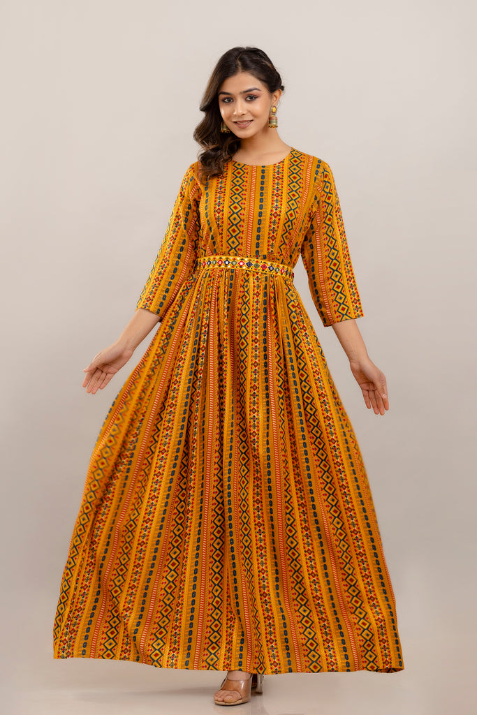 Yellow Rayon Printed Gown with Mirror Belt