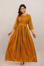 Load image into Gallery viewer, Yellow Rayon Printed Gown with Mirror Belt