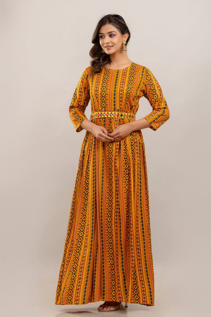 Yellow Rayon Printed Gown with Mirror Belt