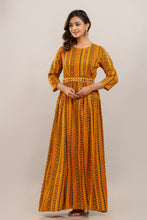 Load image into Gallery viewer, Yellow Rayon Printed Gown with Mirror Belt