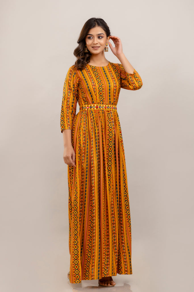 Yellow Rayon Printed Gown with Mirror Belt