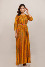 Load image into Gallery viewer, Yellow Rayon Printed Gown with Mirror Belt