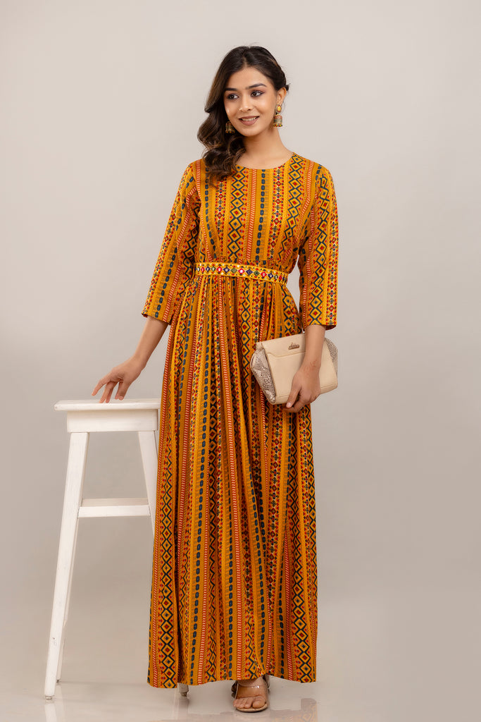 Yellow Rayon Printed Gown with Mirror Belt