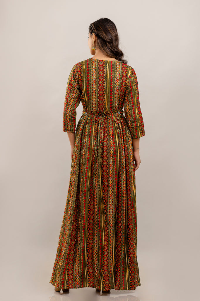 Green Rayon Printed Gown with Mirror Belt