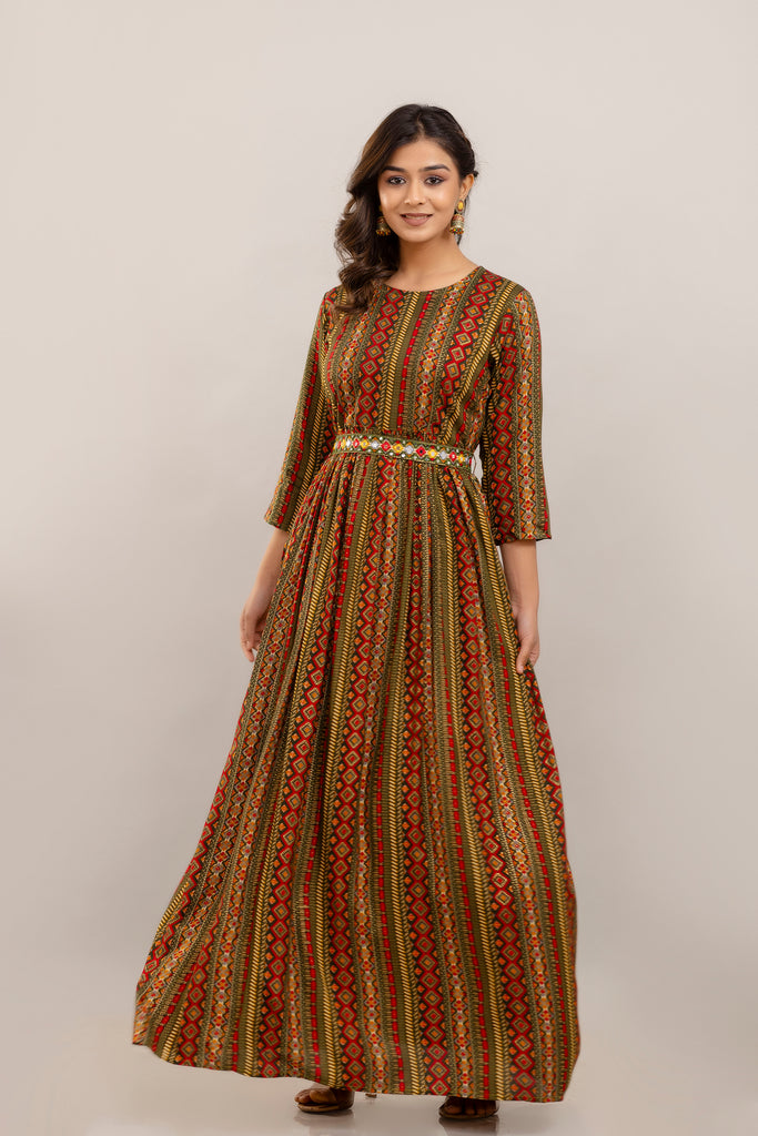 Green Rayon Printed Gown with Mirror Belt