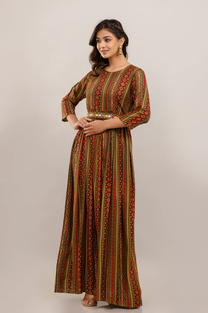 Green Rayon Printed Gown with Mirror Belt