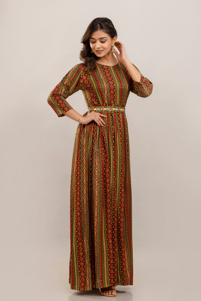 Green Rayon Printed Gown with Mirror Belt