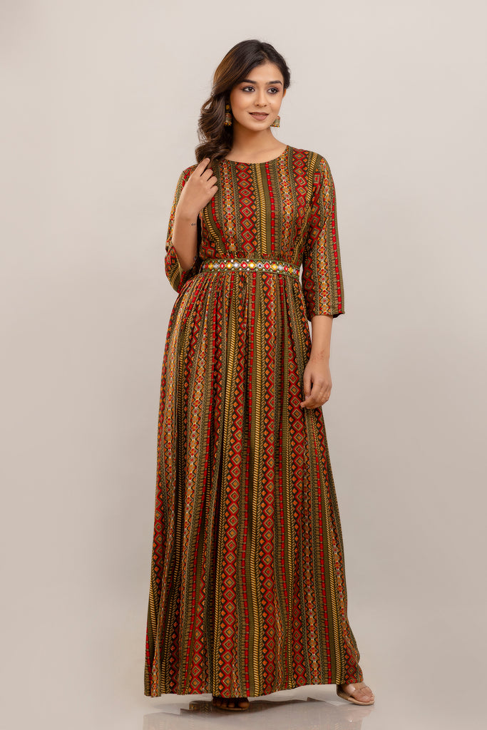 Green Rayon Printed Gown with Mirror Belt