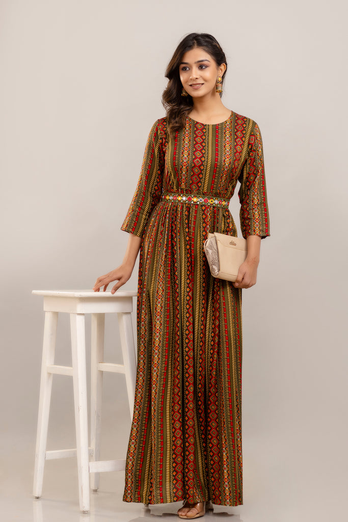 Green Rayon Printed Gown with Mirror Belt