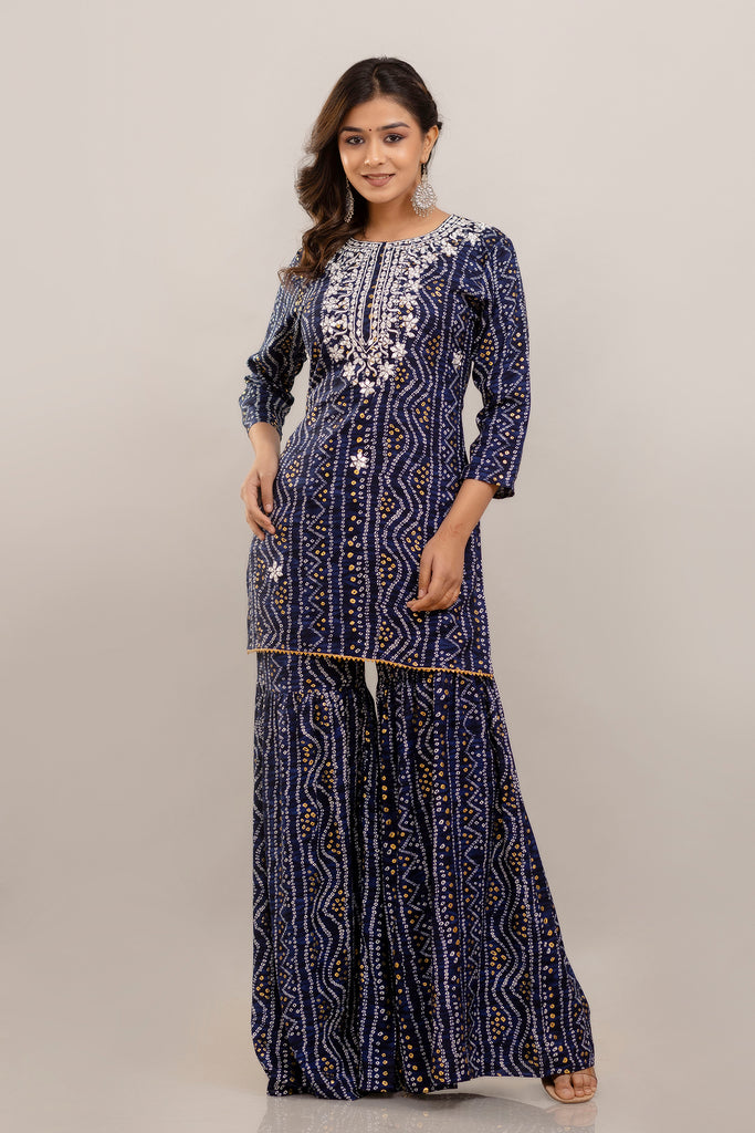 Bandhani Embroidered Rayon Blue Sharara Set