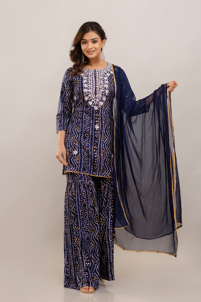 Bandhani Embroidered Rayon Blue Sharara Set