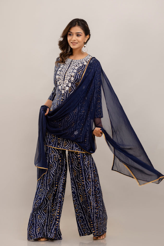 Bandhani Embroidered Rayon Blue Sharara Set