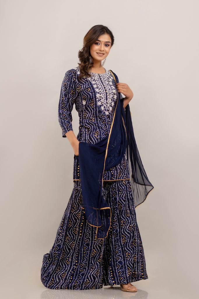 Bandhani Embroidered Rayon Blue Sharara Set