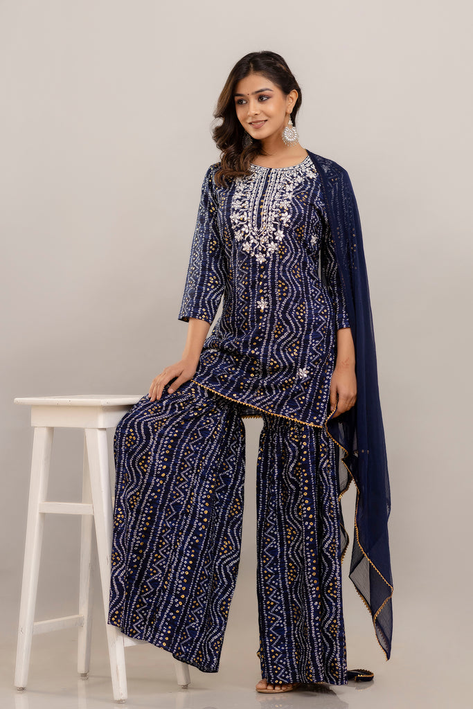 Bandhani Embroidered Rayon Blue Sharara Set