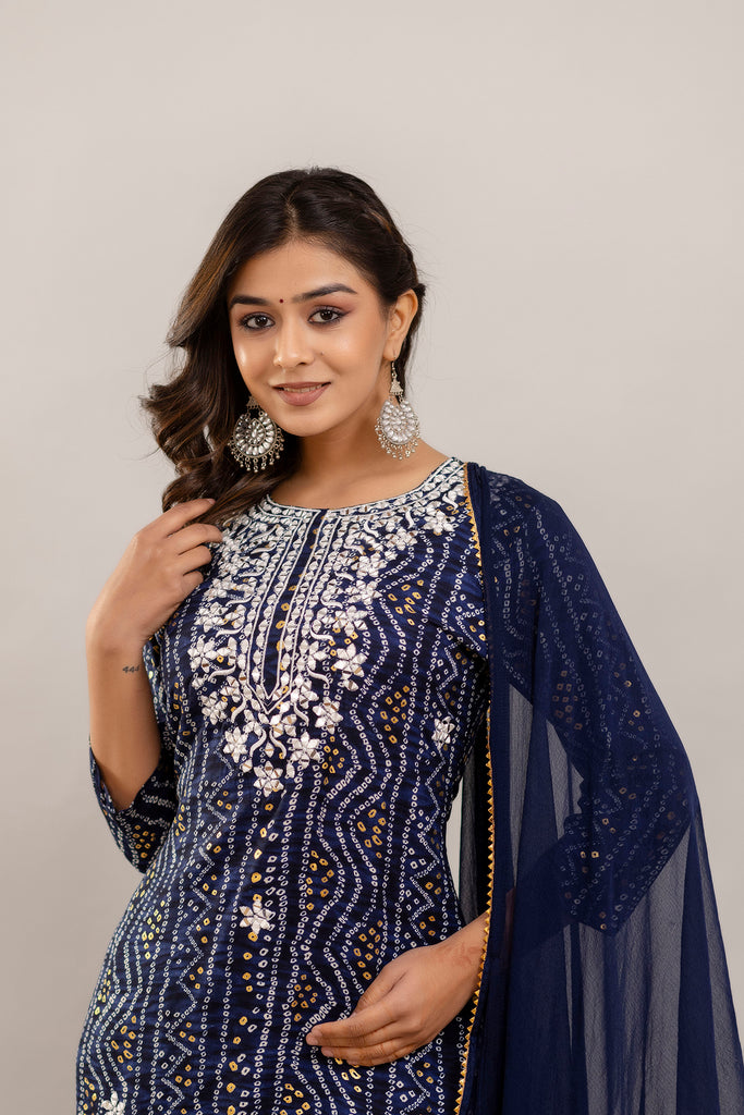 Bandhani Embroidered Rayon Blue Sharara Set