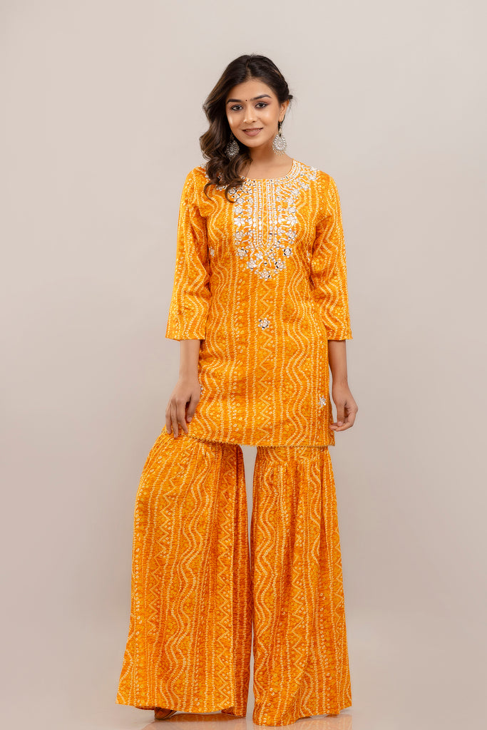 Bandhani Embroidered Rayon Yellow Sharara Set