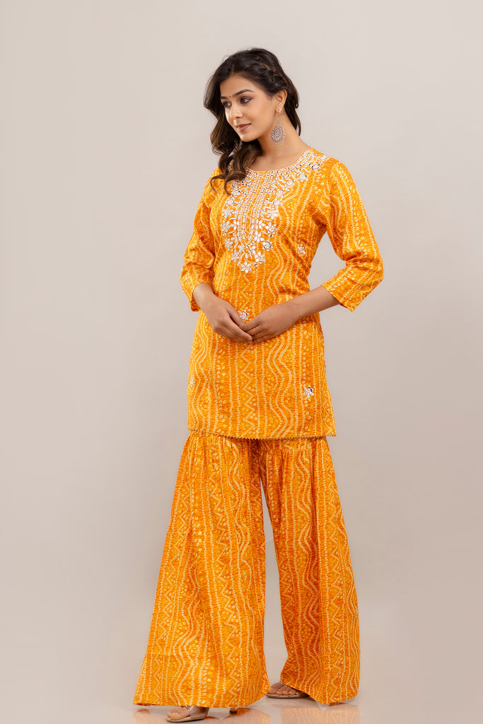 Bandhani Embroidered Rayon Yellow Sharara Set