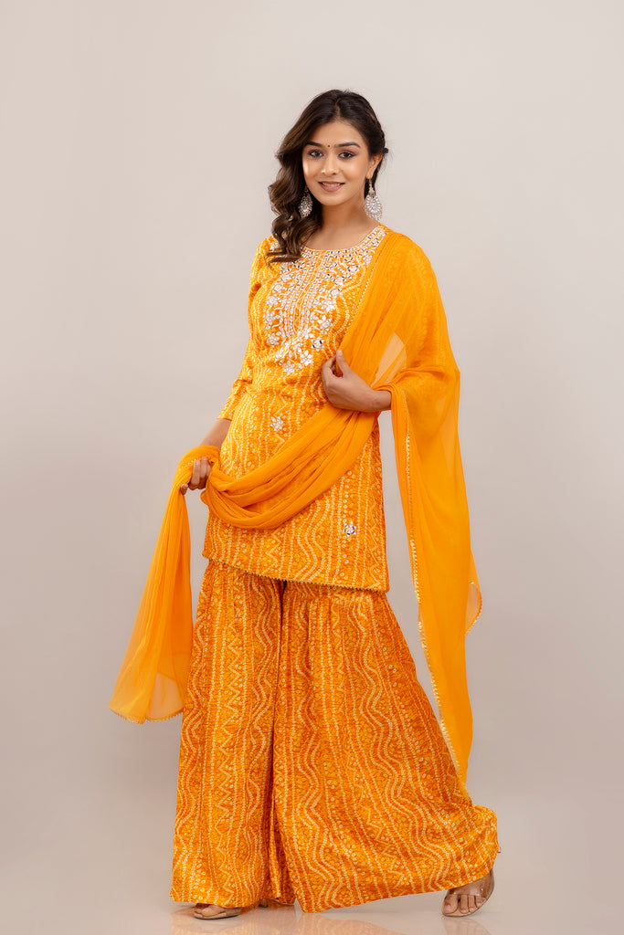 Bandhani Embroidered Rayon Yellow Sharara Set