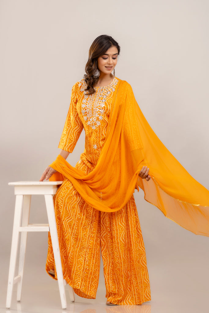 Bandhani Embroidered Rayon Yellow Sharara Set