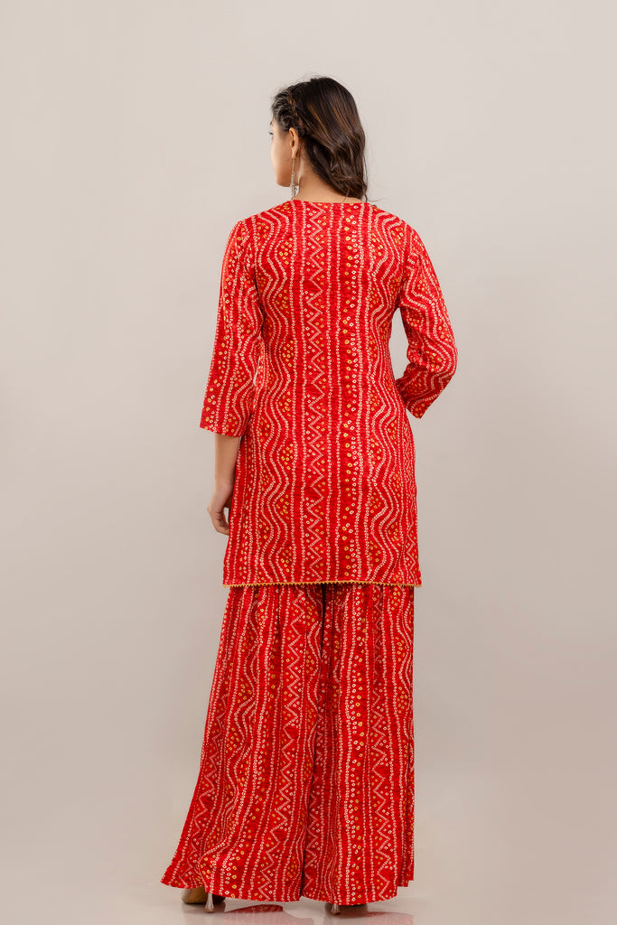 Bandhani Embroidered Rayon Red Sharara Set