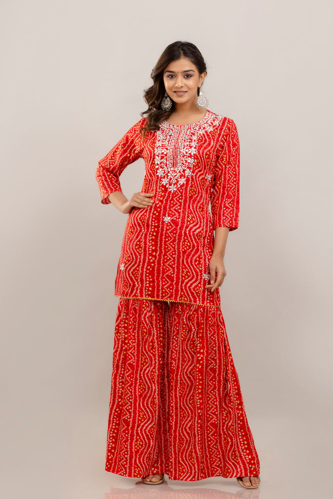 Bandhani Embroidered Rayon Red Sharara Set