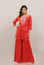 Load image into Gallery viewer, Bandhani Embroidered Rayon Red Sharara Set