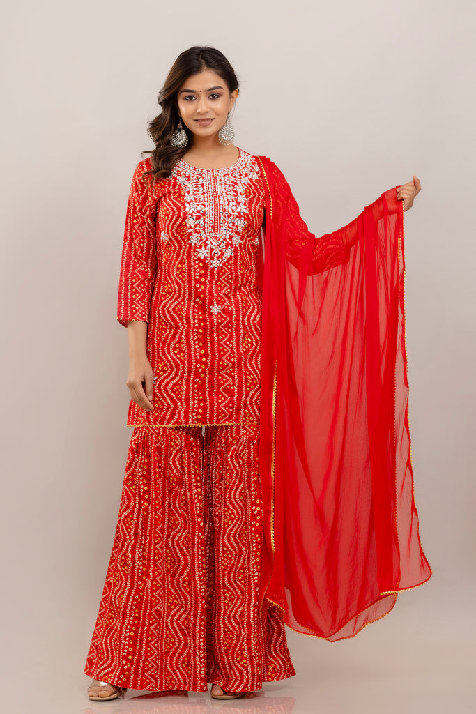 Bandhani Embroidered Rayon Red Sharara Set